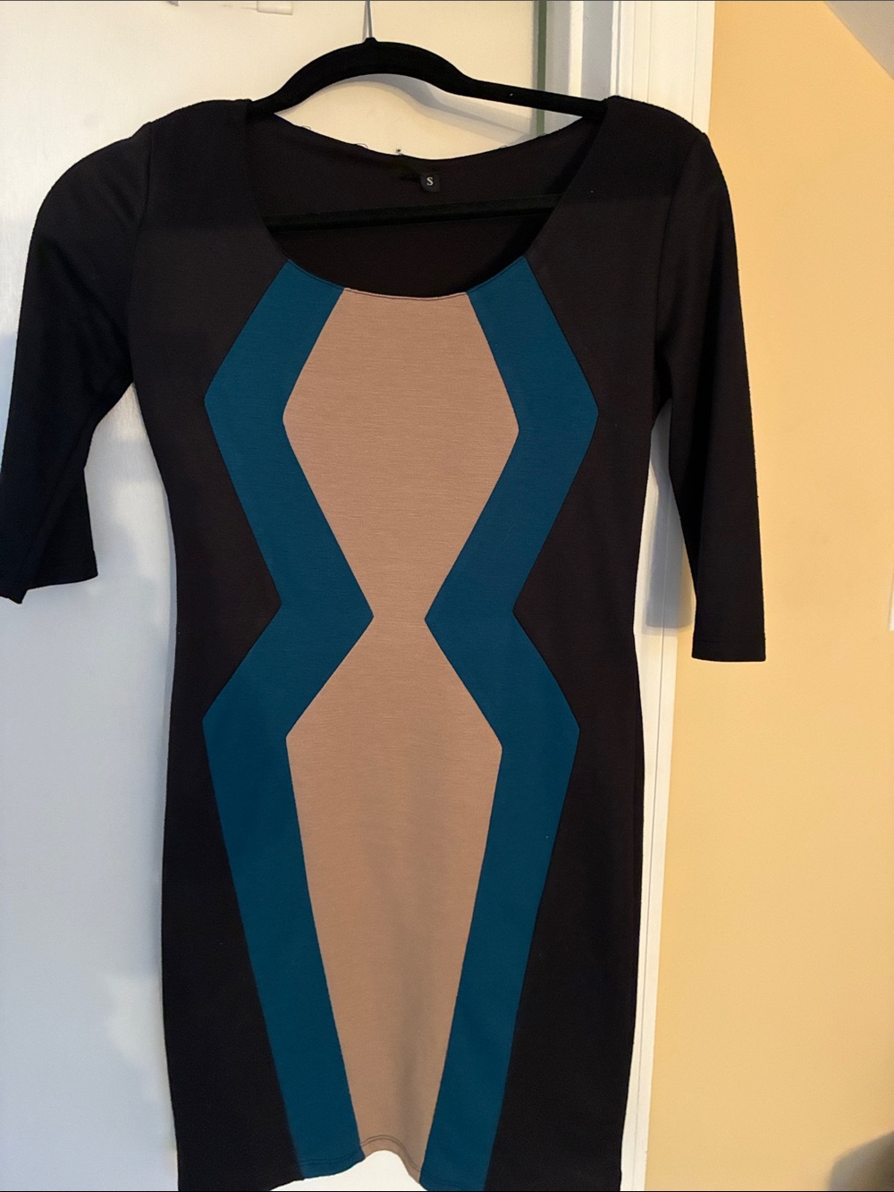 Colorblock Sheath Dress - Black, Teal & Taupe